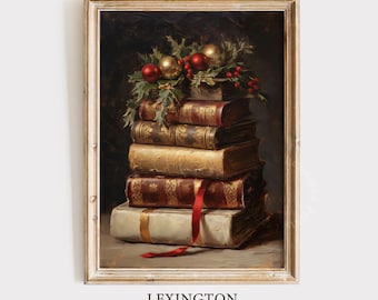 May include: A stack of vintage books with a red ribbon and a Christmas wreath of holly and red and gold ornaments.