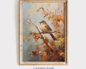 May include: A painting of a small bird perched on a branch with autumn leaves. The bird is brown and yellow with a white breast. The background is a soft blue and white.