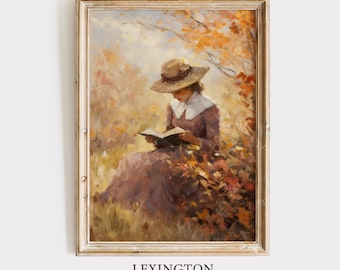 Vintage Fall Wall Art Woman Reading Book Fall Decor Fall Oil Painting Fall Print Autumn Decor Fall Forest Painting Academia Art Digital 335
