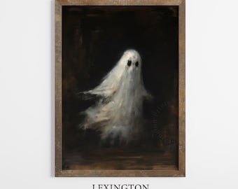 Puede incluir: Una pintura enmarcada de un fantasma blanco sobre un fondo oscuro. El fantasma se representa como una figura translúcida con un débil contorno de una cara. La pintura está enmarcada en un marco de madera oscura.