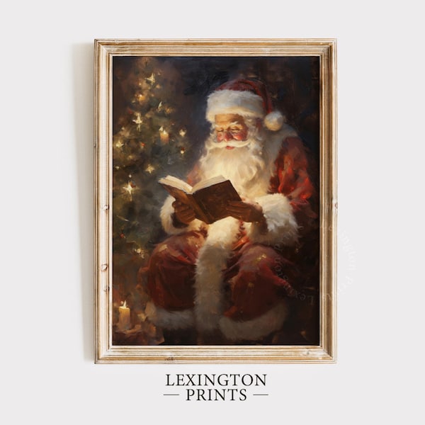 Vintage Christmas Wall Art Santa Reading Book Printable Christmas Oil Painting Cottagecore Decor Academia Christmas Decor Winter Print 148