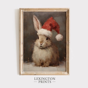 Vintage Christmas Wall Art Bunny Christmas Bunny Painting Winter Rabbit Oil Painting Pet Painting Bunny Hat Santa Christmas Decor Cute 226