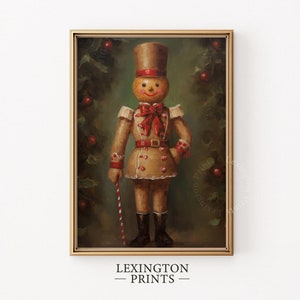 May include: A gingerbread soldier figurine in a red and gold uniform, holding a candy cane, standing in front of a green background with red berries.