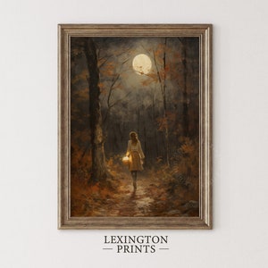 Puede incluir: Una mujer camina por un bosque oscuro con una linterna en la mano. La luna brilla intensamente en el cielo, proyectando largas sombras sobre los árboles. La escena está pintada en un estilo realista con tonos cálidos y terrosos.