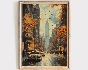 May include: A vintage-style painting of a city street scene in autumn. The street is lined with tall buildings and trees with yellow and orange leaves. A yellow taxi cab drives down the street with the Empire State Building in the background.