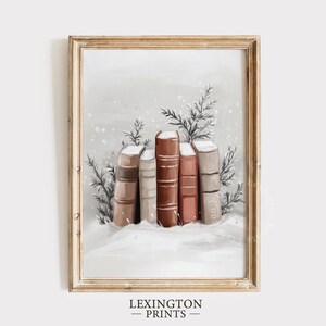 May include: A digital illustration of a stack of five books with brown, red, and beige covers. The books are surrounded by green pine branches and a snowy background.