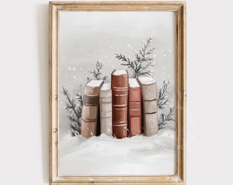 Snowy Winter Wall Art Book Print, Winter Printable Wall Art, Light Academia Decor Neutral Library Art, Cottagecore Decor Book Lover Gift 911