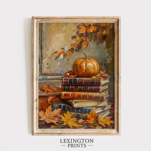 May include: A painting of a stack of old books with a pumpkin on top. The books are brown and have gold lettering. There are autumn leaves scattered around the books.