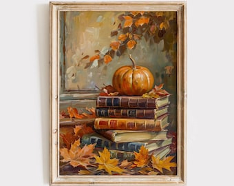 Op de afbeelding: Een schilderij van een stapel oude boeken met een pompoen erop. De boeken zijn bruin en hebben gouden letters. Er liggen herfstbladeren rond de boeken.