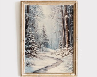 Könnte beinhalten: Ein Gemälde, das eine verschneite Waldszene mit einem gewundenen Pfad zeigt, der durch die Bäume führt. Die Bäume sind mit Schnee bedeckt und der Pfad ist von schneebedeckten Büschen gesäumt. Der Himmel ist hellblau und die Sonne scheint durch die Bäume.