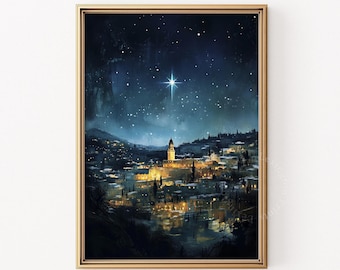 May include: A digital painting of a city at night with a bright star shining in the sky. The city is lit up with warm yellow lights and there are trees and hills in the background. The painting is framed in a gold frame.