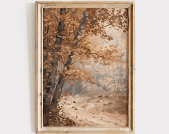 May include: A framed painting of a forest path with a single tree in the foreground. The leaves on the tree are a muted brown color, and the path is lined with fallen leaves. The background is a hazy, light brown color.