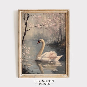 Moody White Swan Art Print, Vintage PRINTABLE Wall Art, Spring Decor Romantic Wall Art, Farmhouse Nursery Art Pink Valentines Day Decor 1005