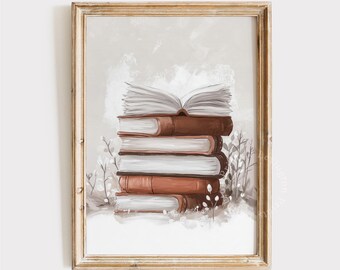 Neutral Winter Book Art Print, Winter Printable Wall Art, Light Academia Decor Winter Library Art, Rustic Home Decor Book Lover Gift Art 910