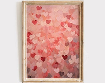 May include: A digital painting of a wall of pink and red hearts. The hearts are painted in a textured style, giving the painting a three-dimensional look.