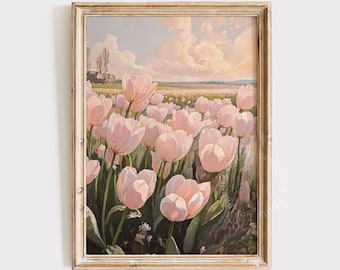 Rosa Tulpenfeld Druck, Frühling DRUCKBARE Wandkunst, Frühlingsdruck Tulpe Wandkunst, Bauernhaus Kinderzimmer Dekor Rosa Wohnkultur Rosa Blumenkunst 1041