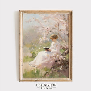 桜の木の下で本を読む春の女性アート 春のプリント 春の装飾 素朴なイースタープリント コケットウォールアート アカデミアプリント 484