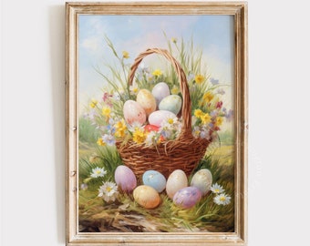 Könnte beinhalten: Ein Vintage-Gemälde eines Weidenkorbs, der mit bunten Ostereiern und Frühlingsblumen überquillt. Der Korb ist von weiteren Eiern auf einem Bett aus grünem Gras umgeben.