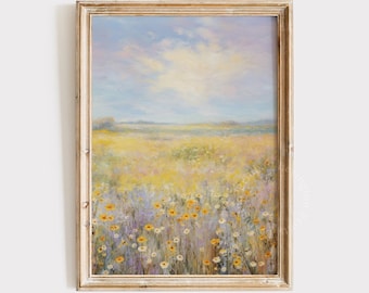 Wildflower Field Landscape Painting Spring Decor Vintage Spring Wall Art Farmhouse Decor Easter Decor Floral Print Spring Print Digital 461