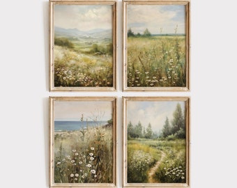 Conjunto de arte de flores silvestres imprimible de 4, conjunto de impresión de granja de impresión de primavera vintage, conjunto de pared de galería de granja pintura de paisaje de primavera Pascua 617