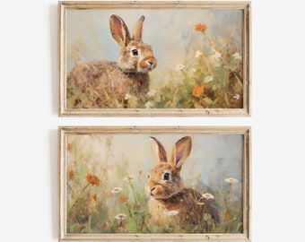 Bunny Rabbit tv-kunst set van 2, lente Samsung frame tv-kunst, paashaas tv-kunstlijst, lente decor vintage boerderij tv-kunst lente tv 528