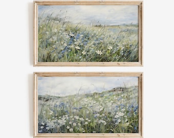 Blue Wildflower TV Art Set of 2, Neutral Landscape, Spring Farmhouse TV Art, Vintage Spring Frame TV Art, Spring Tv Art Floral Tv Art 568