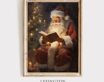 Vintage Christmas Wall Art Santa Reading Book Printable Christmas Oil Painting Cottagecore Decor Academia Christmas Decor Winter Print 148