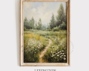 Printable Wildflower Field Landscape Vintage Painting, Moody Spring Decor Farmhouse Print Neutral Wall Art Spring Art Digital Download 570