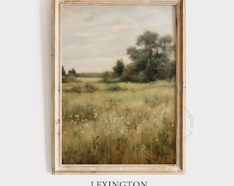 May include: A framed painting of a landscape with a field of tall grass and wildflowers in the foreground. The background features a line of trees and a cloudy sky.