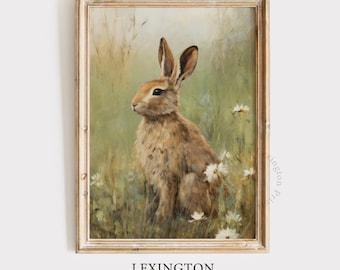 May include: A painting of a brown rabbit sitting in a field of white flowers. The rabbit is looking to the left of the image. The background is a soft green and blue.