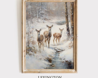 Bosque nevado pared arte ciervos pintura Navidad pared arte imprimible rústico vintage Navidad decoración naturaleza pared arte invierno temporada decoración 167