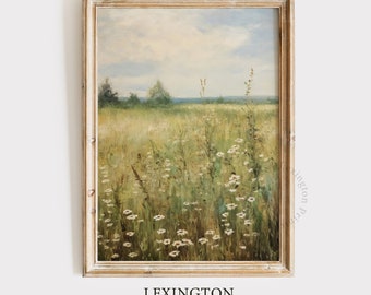 Printable Wildflower Field Landscape Vintage Painting, Moody Spring Decor Farmhouse Print Neutral Wall Art Spring Art Digital Download 569