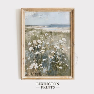 Coastal Printable Wildflower Field Landscape Painting, Vintage Summer Print Beach Print Farmhouse Print Spring Wall Art Floral Art Sea 671