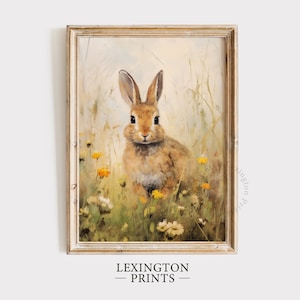 Spring Bunny Rabbit Printable, Wildflower Field Art Easter Print, Vintage Rabbit Painting Farmhouse Decor, Spring Decor Nursery Decor 595