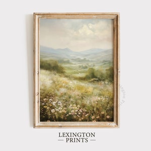 Printable Wildflower Field Landscape Vintage Painting, Light Spring Decor Farmhouse Print Neutral Wall Art Spring Art Digital Download 571