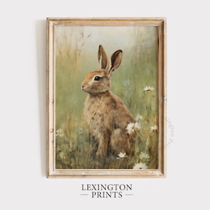 Rustic Spring Bunny Rabbit Printable, Wildflower Field Art, Vintage Rabbit Painting Farmhouse Decor, Spring Decor Nursery Decor Cottage 596