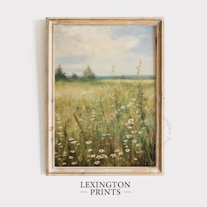 Printable Wildflower Field Landscape Vintage Painting, Moody Spring Decor Farmhouse Print Neutral Wall Art Spring Art Digital Download 569