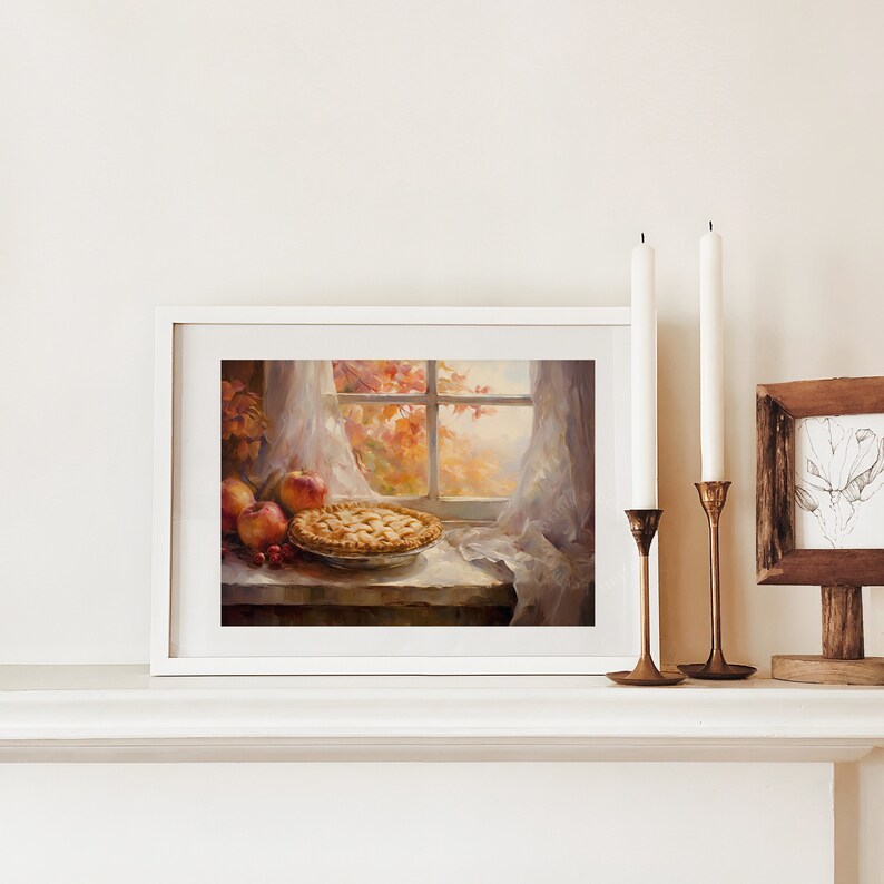 Vintage fall thanksgiving apple pie fall painting oil painting art print displayed in an antique frame against a white background. The painting features intricate brushwork and colors. The shop name Lexington Prints is written out beneath