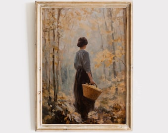 Dark Fall Forest Wall Art, Fall PRINTABLE Wall Art, Autumn Victorian Woman Poster, Vintage Farmhouse Decor, Fall Digital Download Art 1295