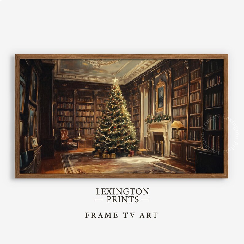 Vintage Christmas TV art of a decorated Christmas tree with presents in a Victorian living room scene. It is designed as Samsung Frame TV art and features nostalgic themes of Christmas and winter. The shop name Lexington Prints is written
