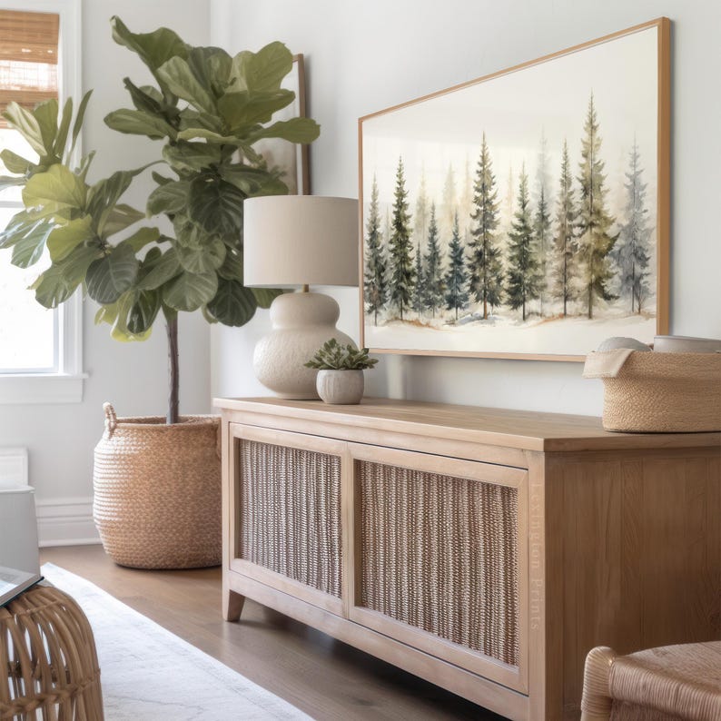 Vintage winter Christmas tree forest wall art Christmas Frame TV art for Samsung Frame TV. This Christmas wall art decor is meant to be displayed in a Frame TV. The shop name Lexington Prints is listed below the frame where the art mockup is.