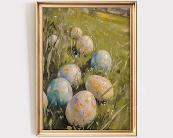 Vintage Easter Egg Print, Spring PRINTABLE Wall Art, Easter Poster Spring Decor, Rustic Easter Painting Easter Egg Decor Bunny Egg Art 1109