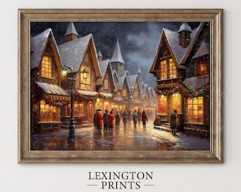 May include: A snowy, nighttime scene of a quaint European village with a group of carolers singing in the street. The buildings are decorated with Christmas lights and garlands. The scene is painted in a realistic style with warm, inviting colours.