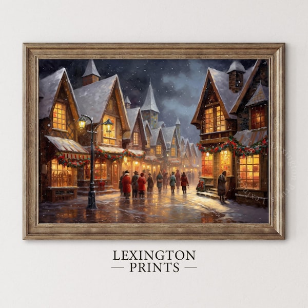 Vintage Christmas Wall Art Town City Art Landscape Painting Christmas Village Art Christmas Decor Winter Art Cottagecore Moody Wall Art 192