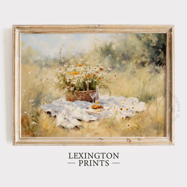 Printable Wildflower Spring Picnic Art, Farmhouse Print Spring Decor, Vintage Oil Painting Spring Print, Warm Tone Art Wildflower Art 581