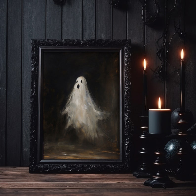 Vintage ghost painting oil painting art print displayed in an antique frame against a white background. The painting features intricate brushwork and colors. The shop name Lexington Prints is written out beneath the wall art frame.