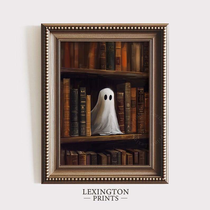 Cute Ghost Bookshelf Print, Halloween Printable Wall Art Gothic Book ...