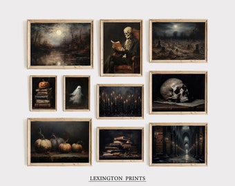 May include: A collection of nine framed Halloween-themed prints. The prints feature a variety of spooky imagery, including a skeleton reading a book, a graveyard, a skull, a ghost, a jack-o-lantern, a stack of books, a row of candles, and a dark hallway.