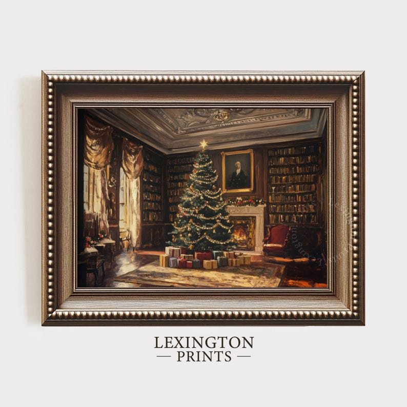 Vintage Christmas wall art print of a Christmas tree and presents in a moody Victorian library living room. It is displayed in an antique frame. The painting features intricate brushwork and colors. The shop name Lexington Prints is written out
