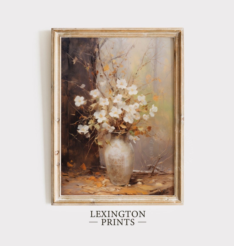 Fall Vintage fall botanical wall art flower painting oil painting art print displayed in an antique frame against a white background. The painting features intricate brushwork and colors. The shop name Lexington Prints is written out beneath